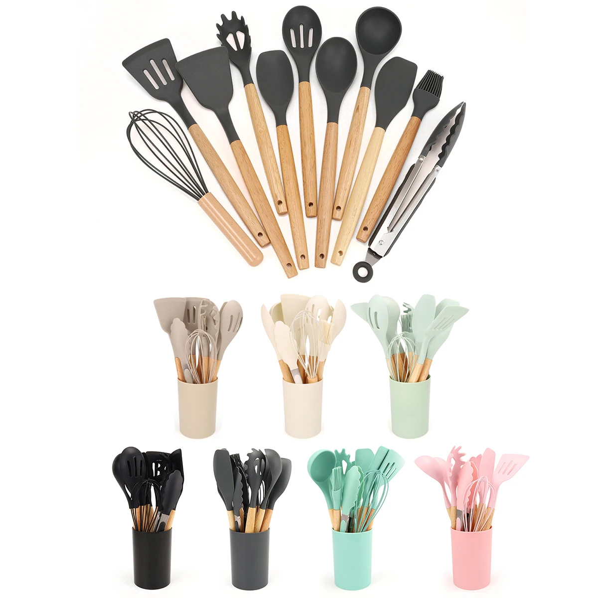 Pcs Silicone Kitchen Utensils Spatula Shovel Soup Spoon Cooking Tool with Storage Bucket Non-Stick Wood Handle Kitchen Gadgets