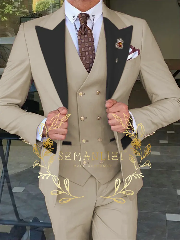 2024 Fashion 3 Pieces Sets Single Breasted Groommen Beige Groom Tuxedo Black Peak Lapel Men Suits Wedding Best Man Blazer