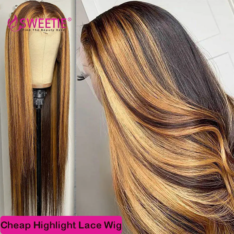 34Inch Bone Straight Highlight Lace Front Human Hair 4/27 Ombre 13x4 Lace Frontal Wigs 13x6 Honey Blonde Colored Wigs For WoMen's