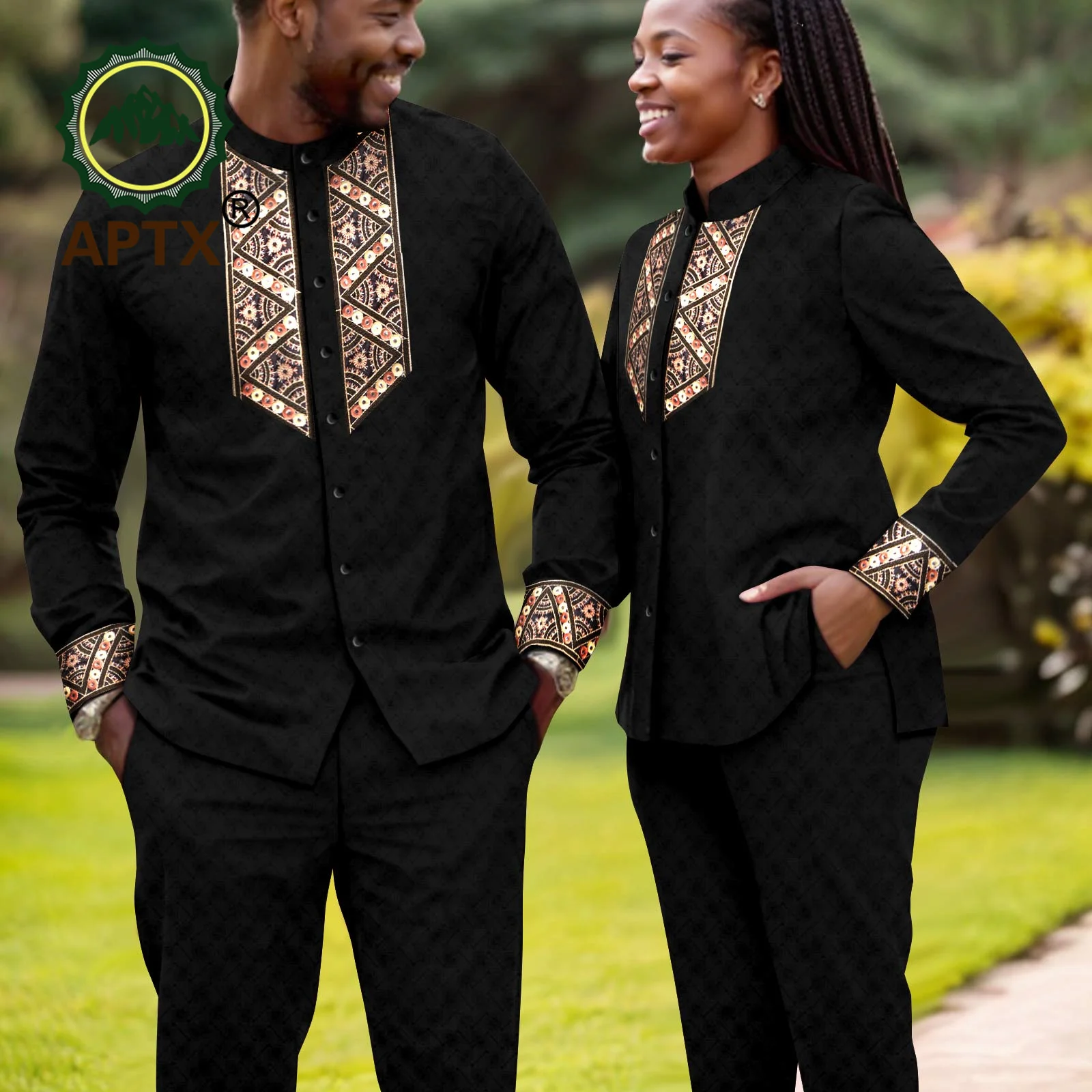 APTX African Couple Matching Outfits WoMen's Clothes Traditional Dashiki Shirt Pants 2 Piece Set for Men's Wedding Causal Y23C116