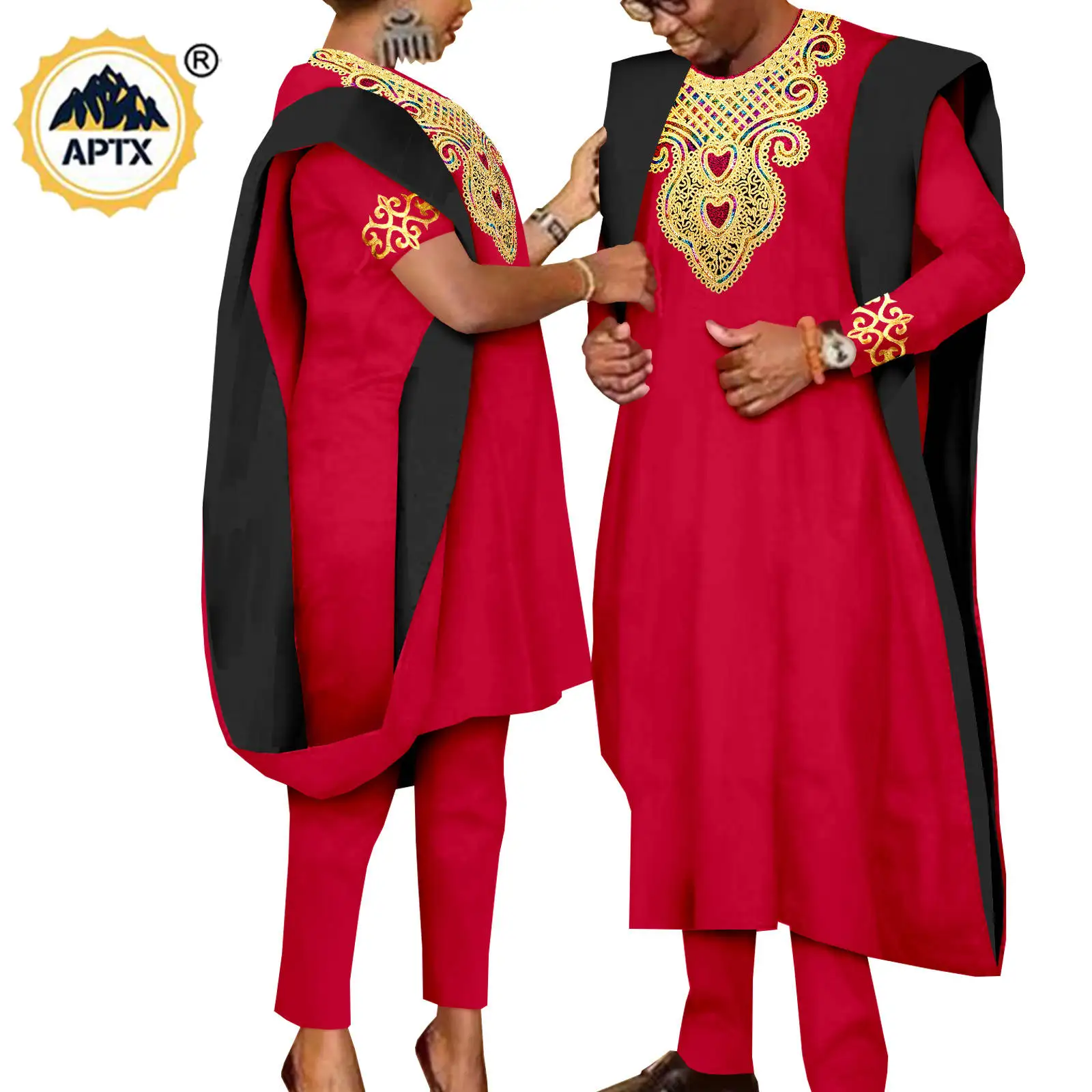 African 3 PcsSuit for Men's Matching Couple Outfits Agbada Dashiki WoMen's Muslim Sets Bazin Riche Applique Robes Asoebi Y23C029