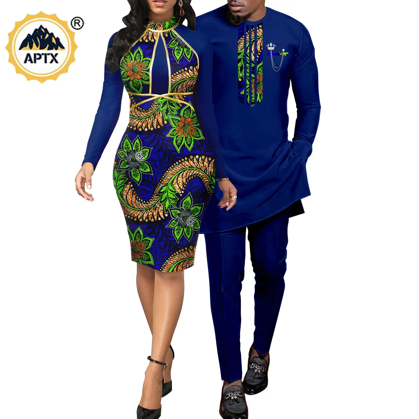 African Abaya Hip Dresses for WoMen's Matching Couple Outfits Bazin Riche Men's Top and Pant Sets Dashiki Print Outwear Y23C069