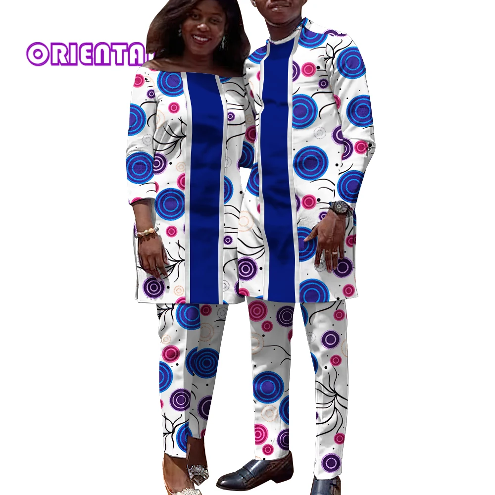 African Clothes for Couple 2 Pcs Set Dashiki Men's Suit and WoMen's Pant Set African Wax Print Evening Party Couple Clothes WYQ818