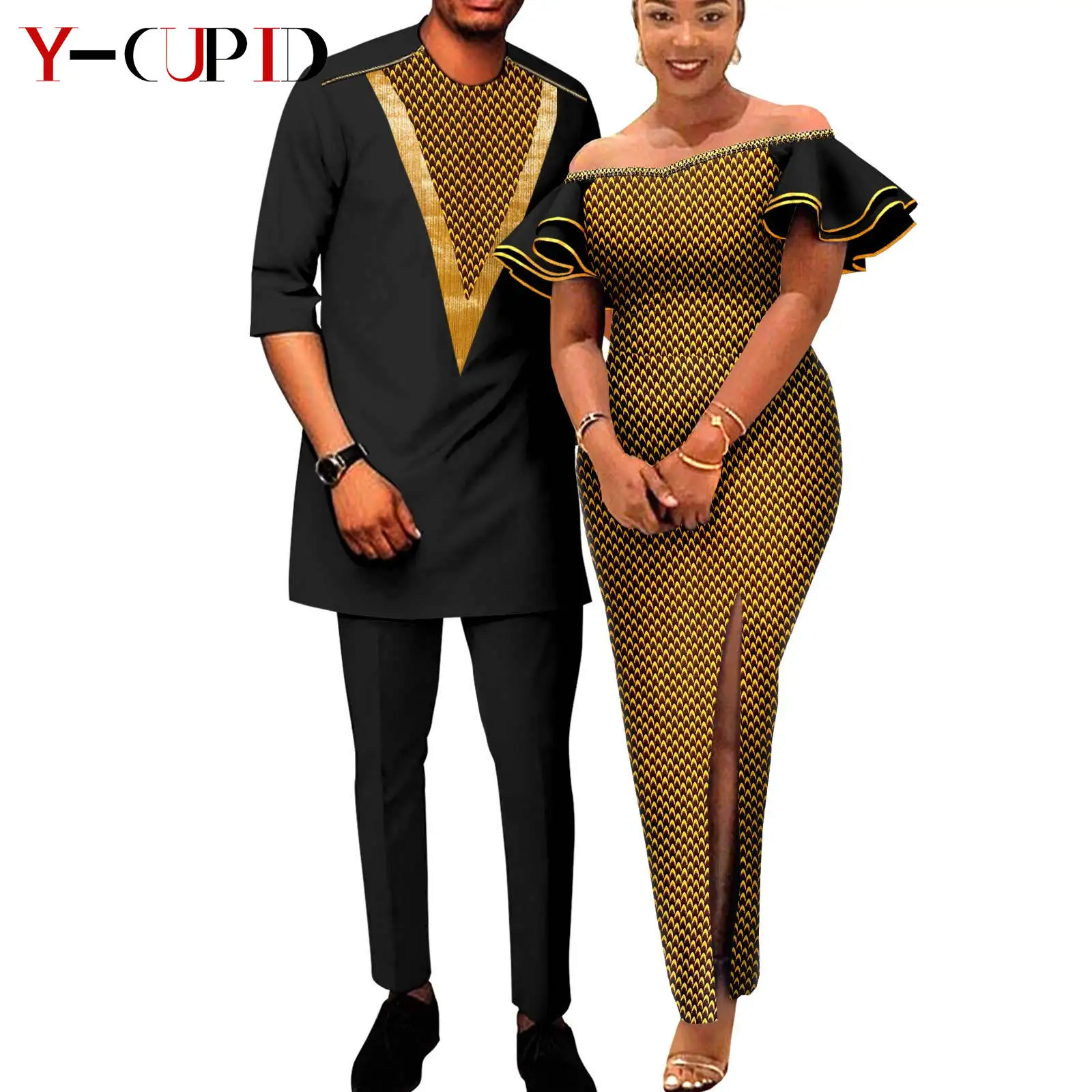 African Print Dresses for WoMen's Ruffles Sleeve Fit Dresses Matching Couple Outfits Dashiki Men's Zipper Shirt Pants Sets Y23C003