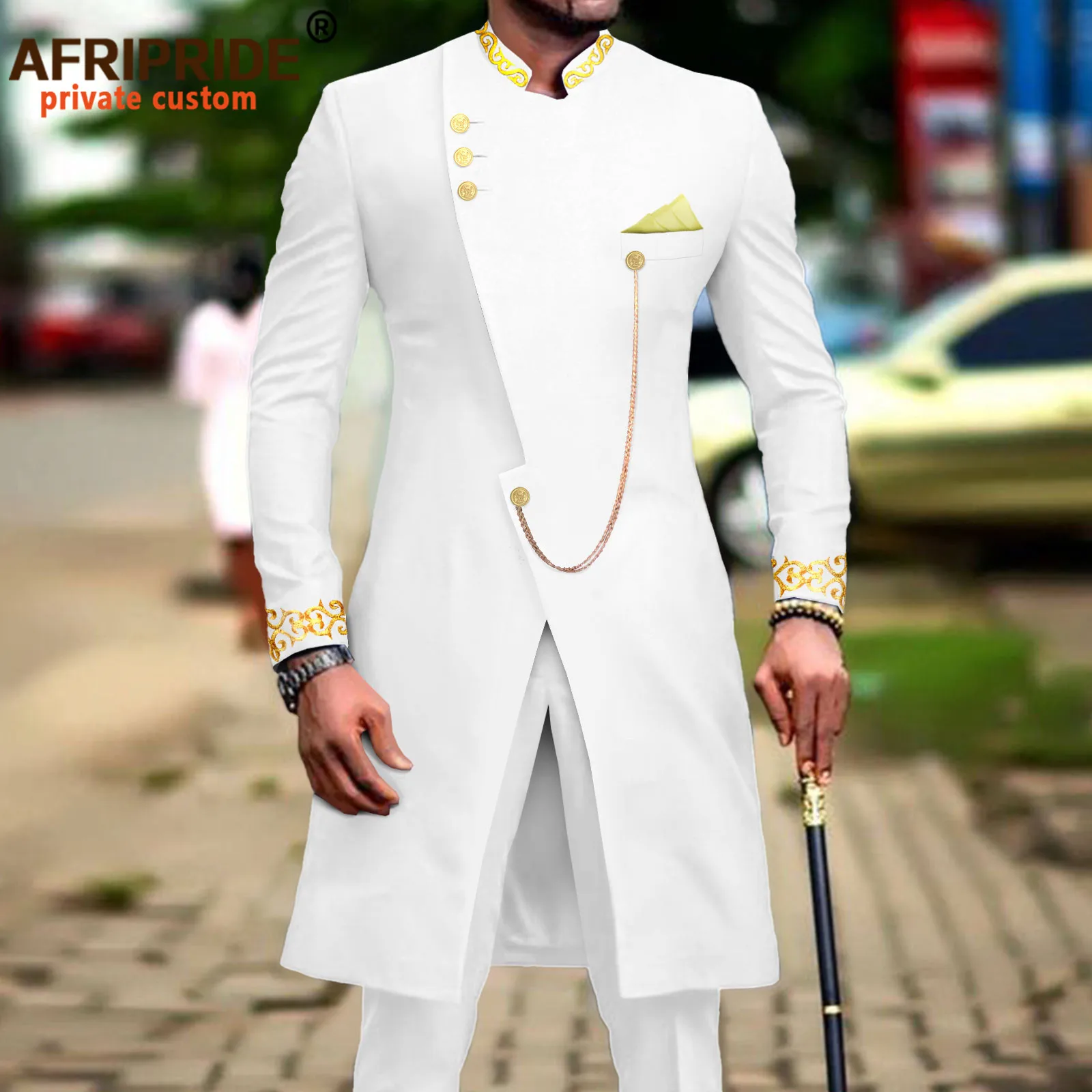 African Suit for Men's Dashiki Long Embroidery Jackets and Pants 2 Piece with Kerchief Slim Fit Slim Outfits Wedding A2216037