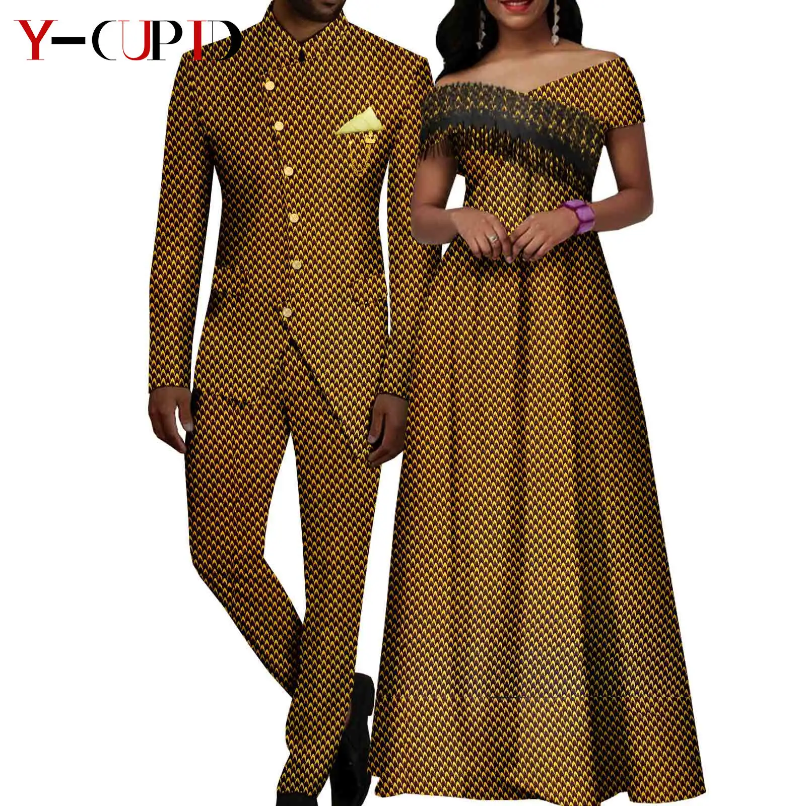 African Tassle Long Dresses for WoMen's Matching Men's Suits Outfits Jackets and Pant Sets Dashiki Couple Clothes Party Vestidos