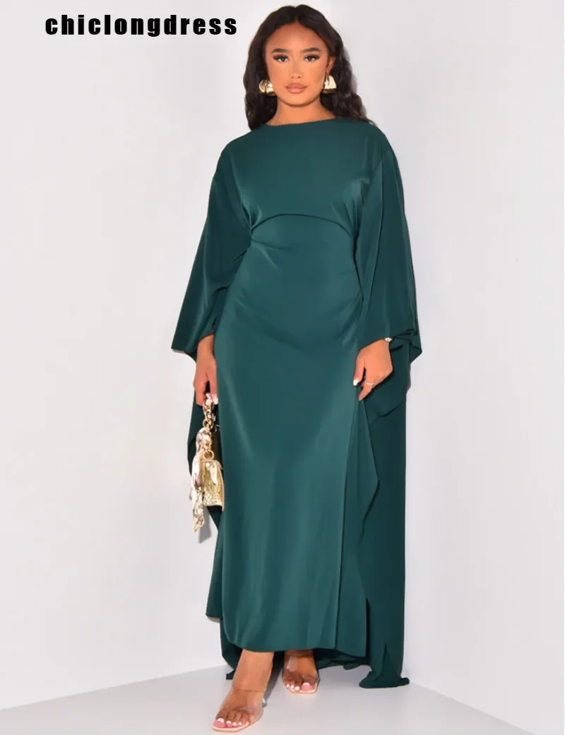 Autumn Fashion Satin Party Dress Robe Abaya Muslim WoMen's Elegant Solid Round Neck Bat Sleeves Loose Maxi Dress WoMen's