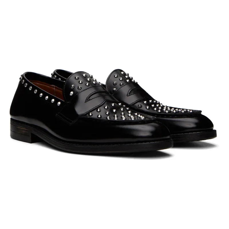 Black Handmade Men Shoes Mens Studs Spike Shoes Silver Glitter Loafers Fashion New 2023 Shoes Runway Shining Rivets Dress Shoes