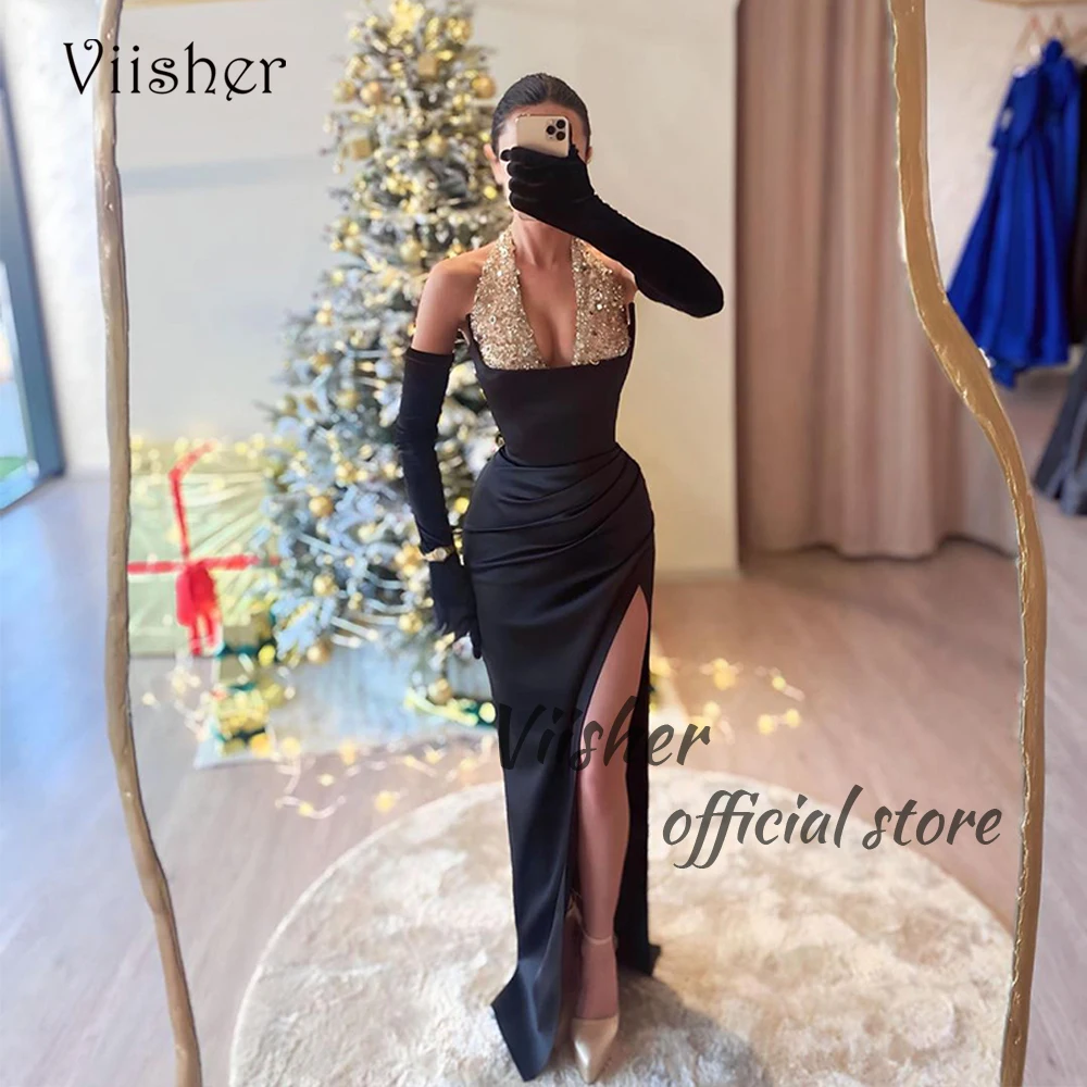 Black Mermaid Prom Dresses for WoMen's Sequins Satin Halter Bodycon Evening Party Dress with Slit Sleeve Slim Evening Gowns