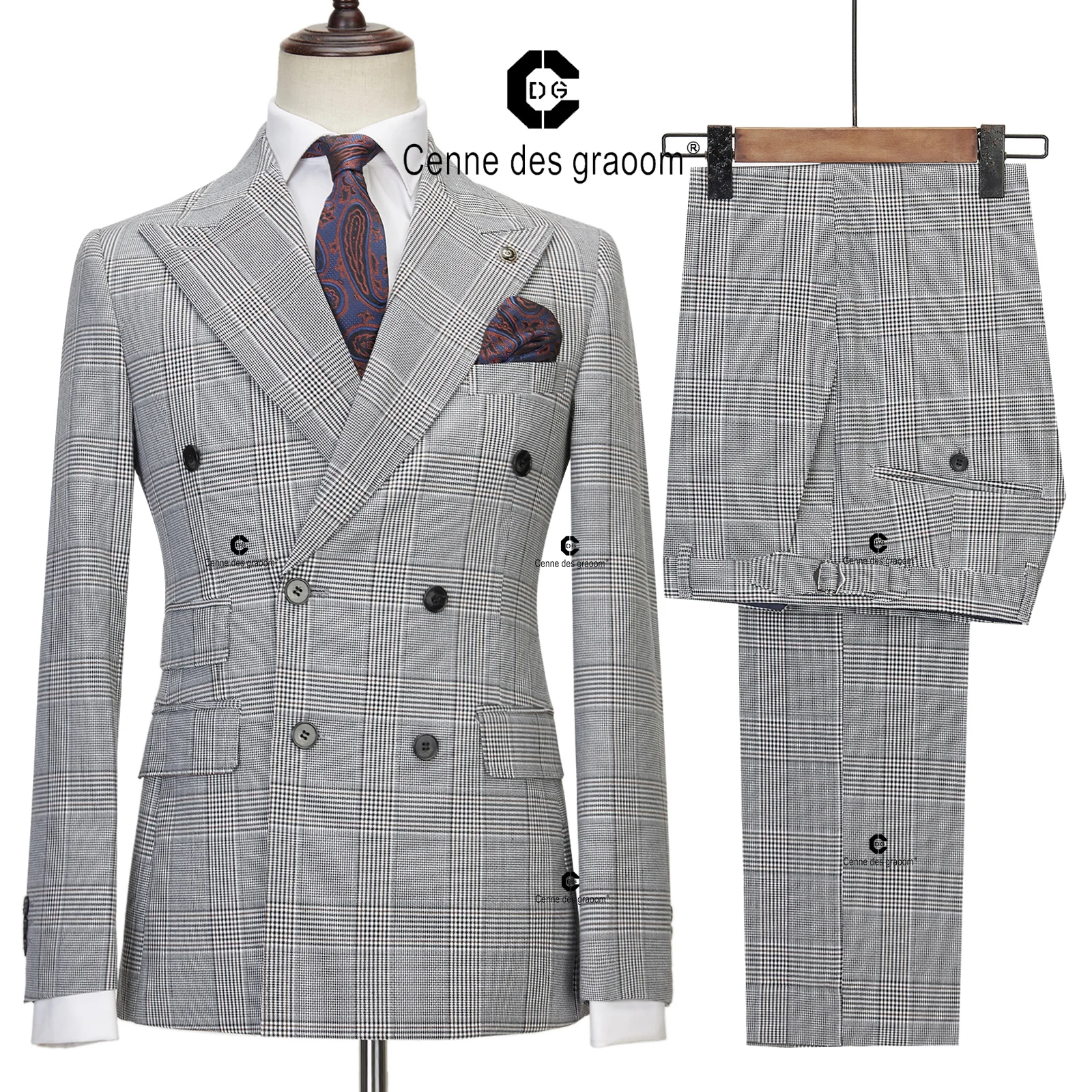 Cenne Des Graoom 2023 Classic Full Men's Suit Plaid 2 Pcs Vintage Double-Breasted Jacket Vest Pants for Office Business Wedding