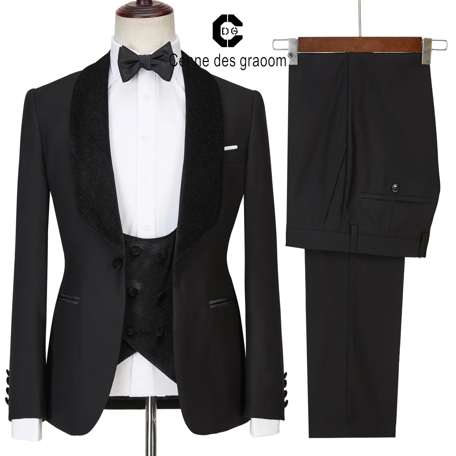 Cenne Des Graoom New Men Suits Black Velvet Lapel Prom Tuxedo 3 Pieces Set Single Breasted For Wedding Banquet Dinner Party Male