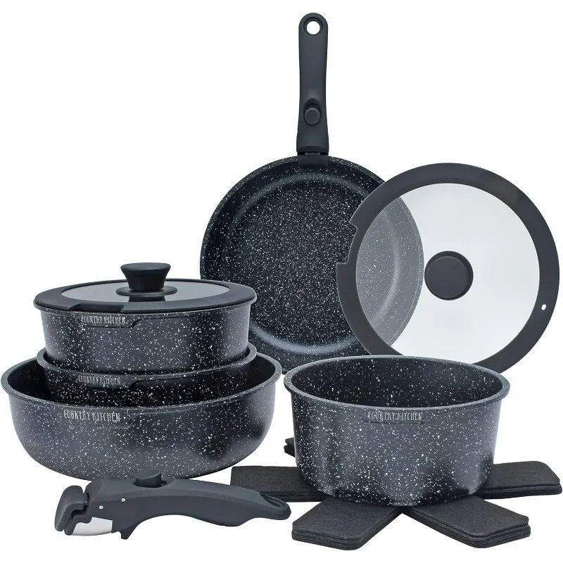 Country Kitchen 13 Piece Pots and Pans Set - Safe Nonstick Kitchen Cookware with Removable Handle, RV Cookware Set, Oven Safe