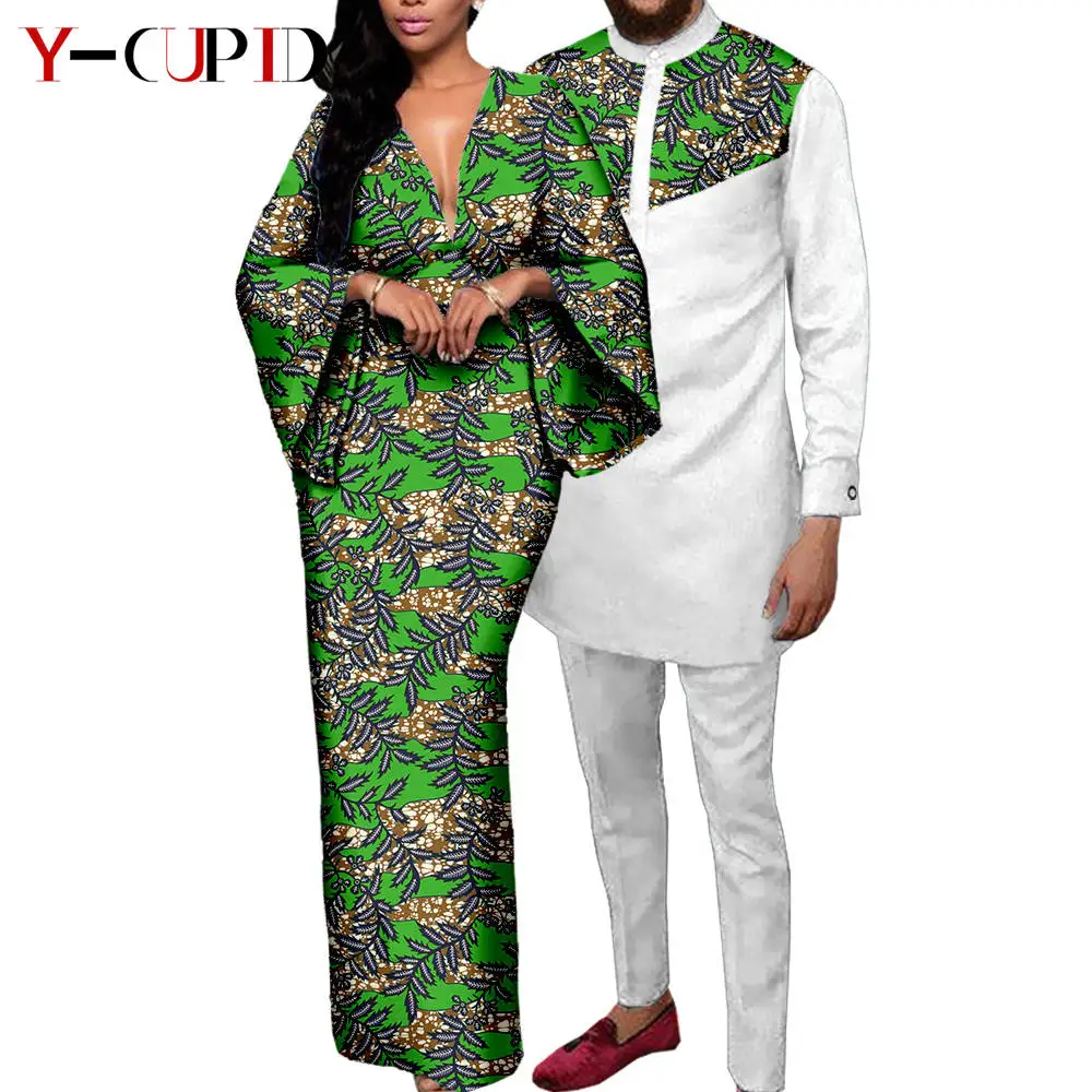 Couple Clothes African Print Deep V neck Long Dresses for WoMen's Matching Men's Outfits Dashiki Top Shirt and Pant Sets Y23C088