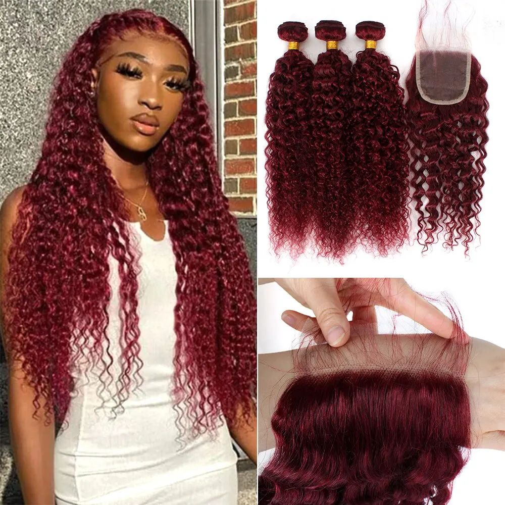 Curly Human Hair Weave Bundles With Closure 99J Red Hair Extensions For Women Brazilian Burgundy 3/4 Bundles With Closure