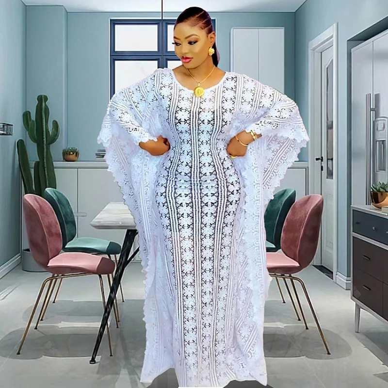 Elegant African Dresses for WoMen's Traditional Dashiki Lace Boubou Wedding Evening Gown White Muslim Kaftan Dress Africa Clothing