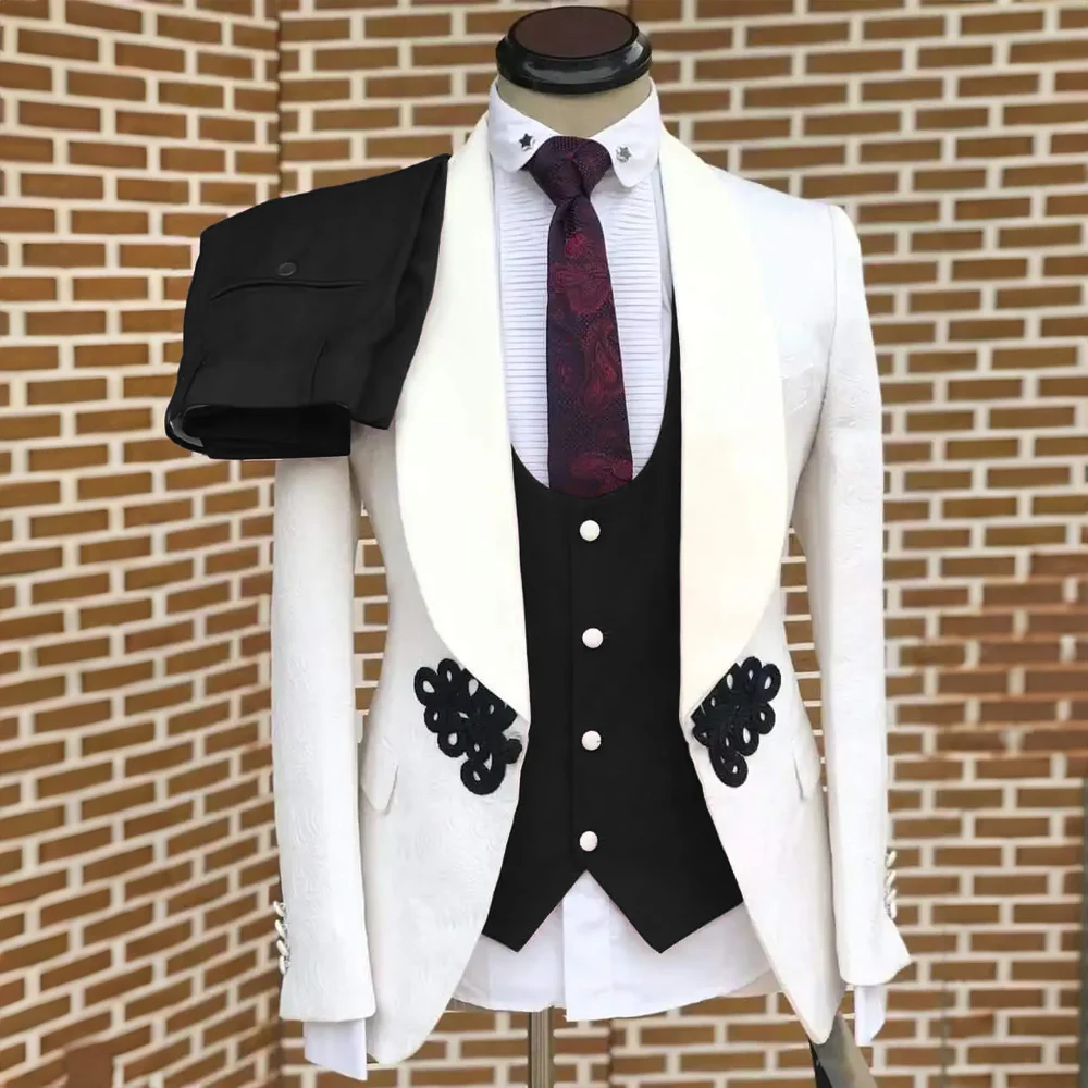 Elegant Men's Suit White Jacquard Jacket Pants Vest Three-piece Set Formal Wedding Groom Tuxedo Custom Male Suit