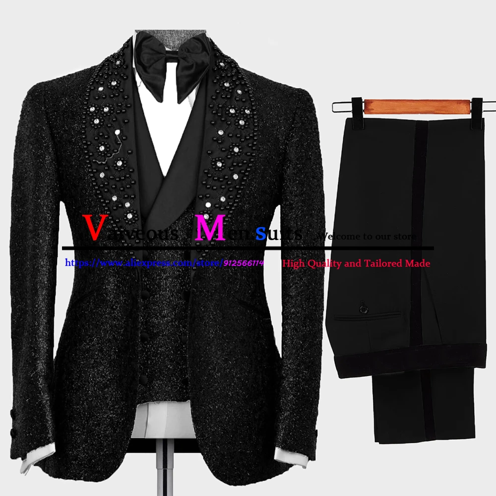 Elegant Suits For Men Luxury Beaded Lapel Mens Suit Slim Fit Groom Wedding Party Tuxedo 3 Pieces Sets Costume Homme Pour Mariage