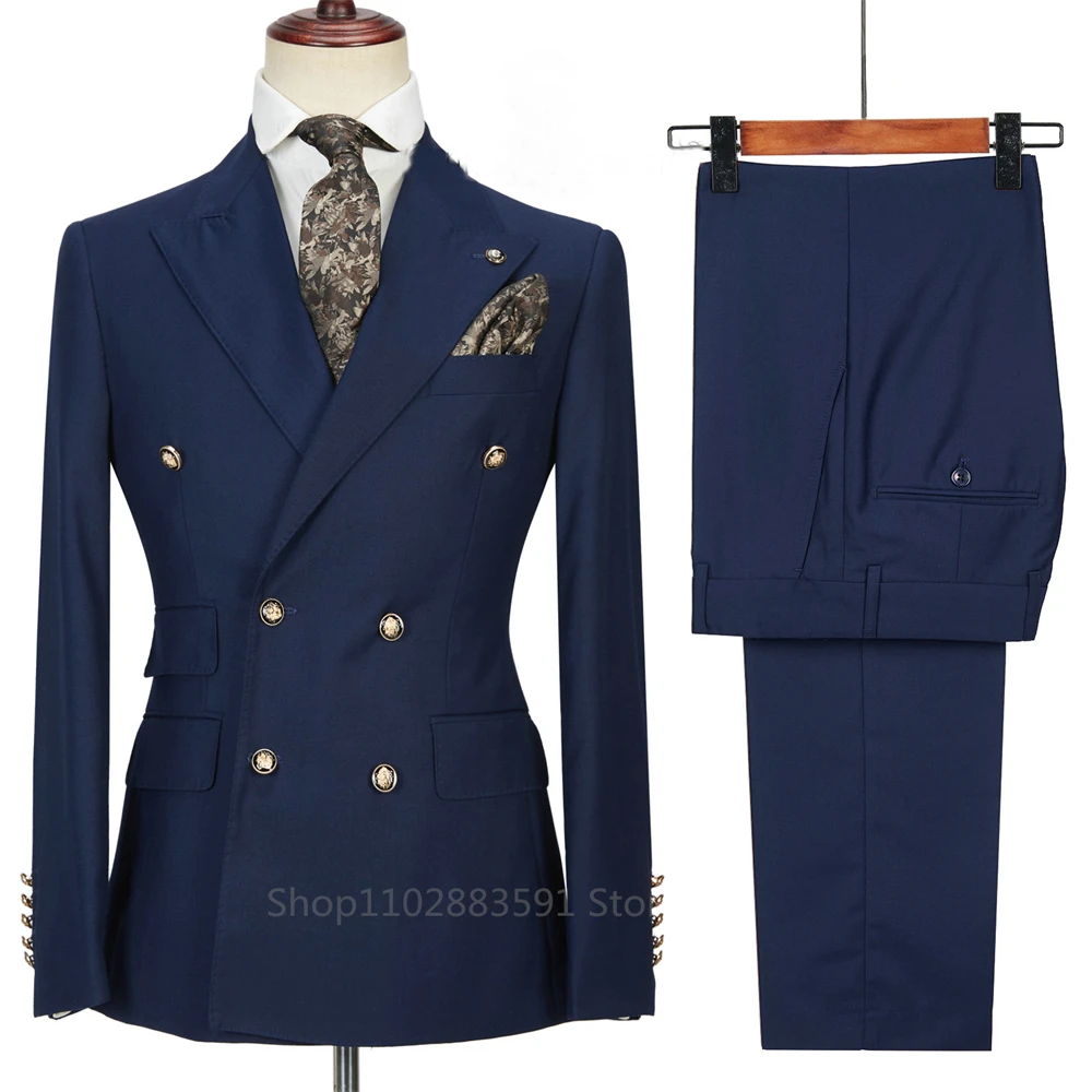 Fashion Design Navy Blue Men Suits Business Costume Homme Wedding Dress Groom Tuxedo Terno Slim Fit Prom Double Breasted Blazer