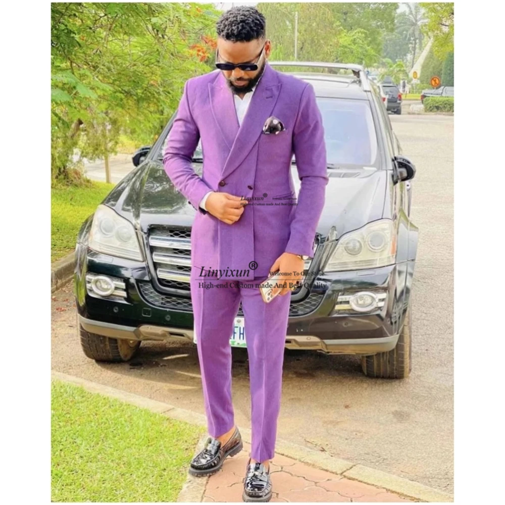 Fashion Purple Mens Suits Double Breasted Wedding Groom Tuxedo Slim Fit Casual Banquet Blazer 2 Piece Jacket Pants Costume Homme