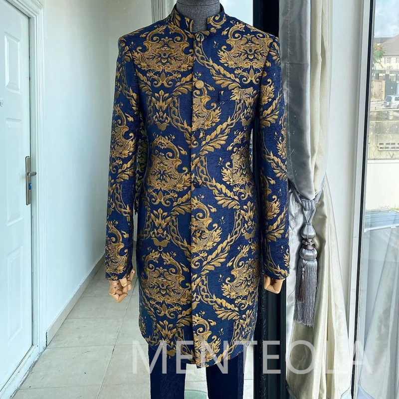 Floral Jacquard Long Men Suits Coat with Navy Blue Pants 2023 2 Piece Stand Collar Wedding Tuxedo for Groom Indian Male Fashion