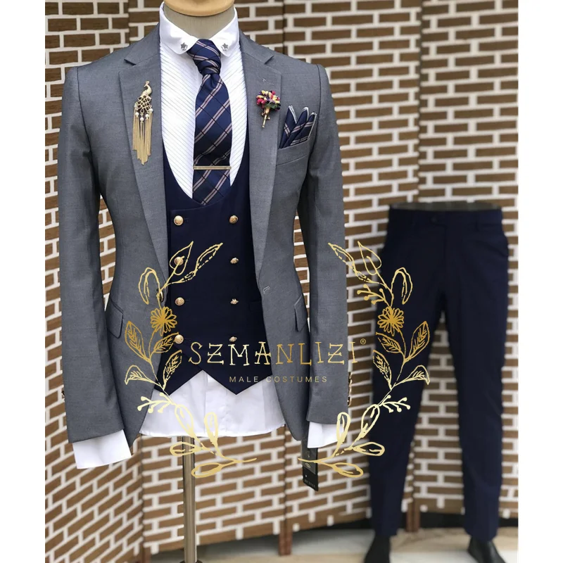 Formal 3 Piece Men's Suit Jacket Pants Vest Gold Buttons Slim Fit Formal Wedding Tuxedo Groom Business Blazer Sets