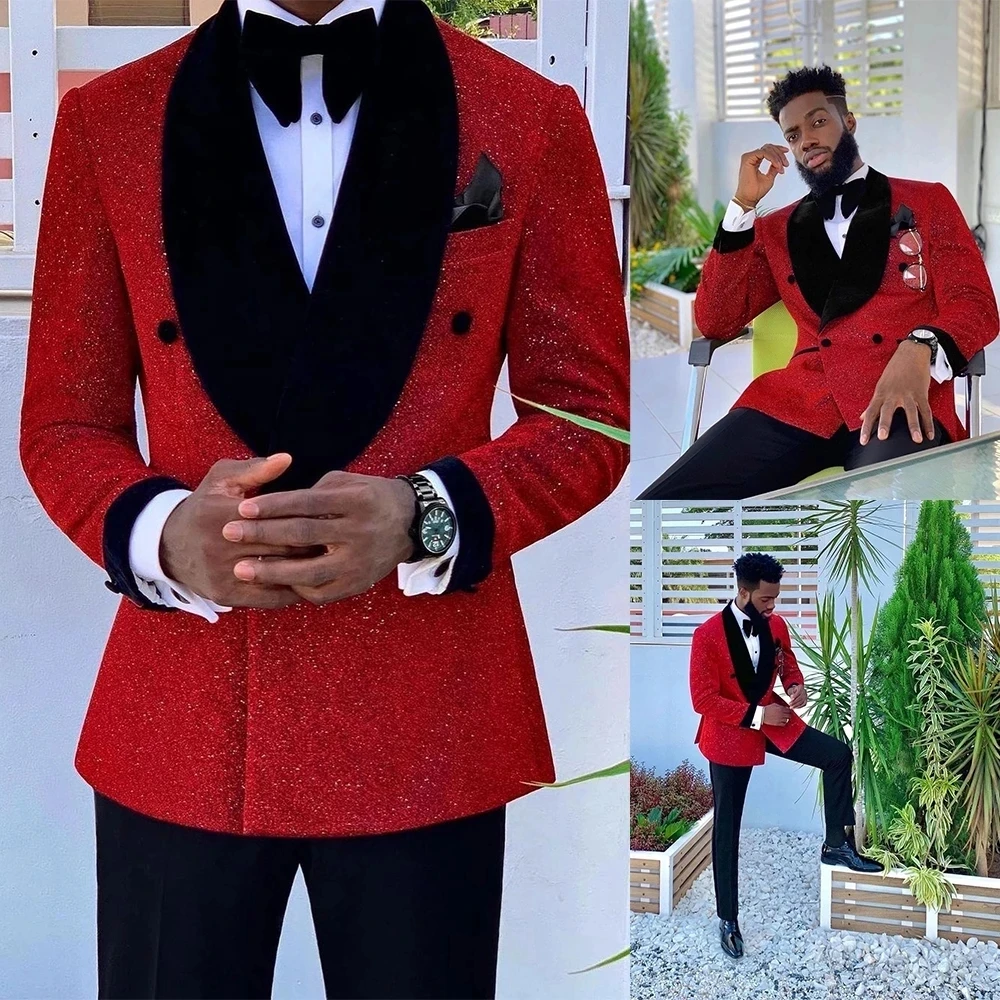 Glitter Red Sequins Mens Suits Groom Wedding Tuxedo Double Breasted Blazer Formal Business Prom Dress 2 Pieces Traje De Hombre