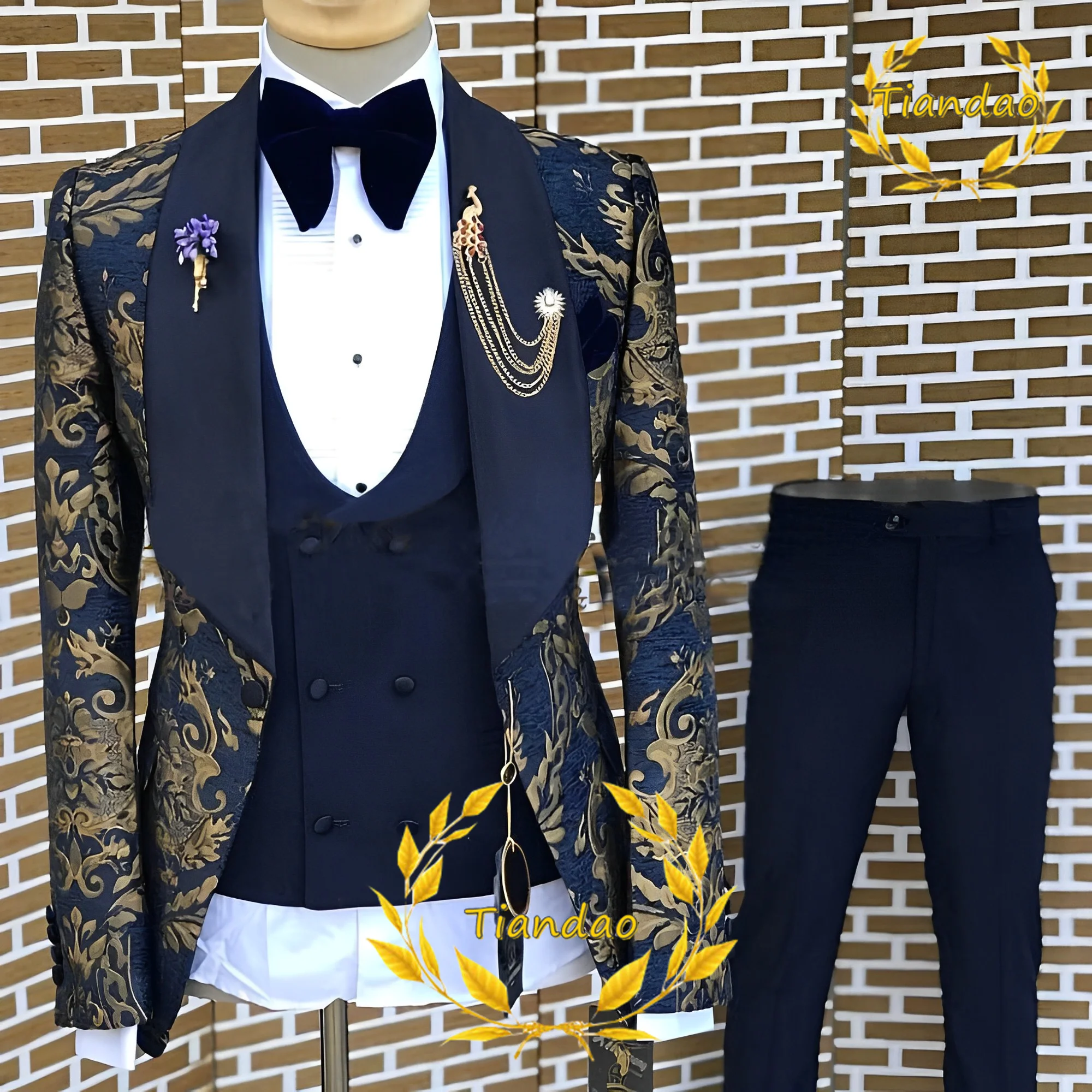 Gold Pattern Men Suit Jacket Pants Vest 3 Piece Set Wedding Groom Tuxedo Formal Party Fashion Lapel Blazer