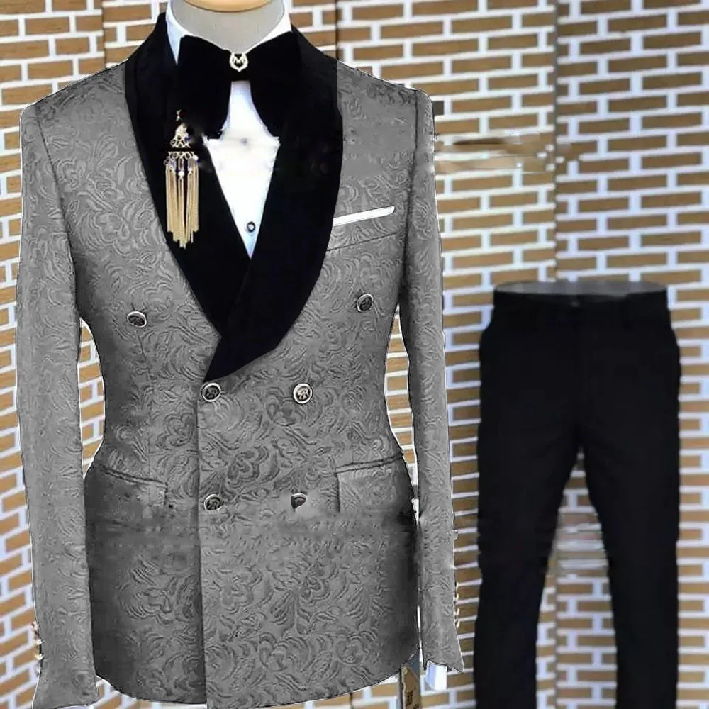 Gray Formal Suit for Men Floral Jacket Pants 2 Piece Set Party Wedding Groom Tuxedo Elegant Men's Suit Handsome Blazer