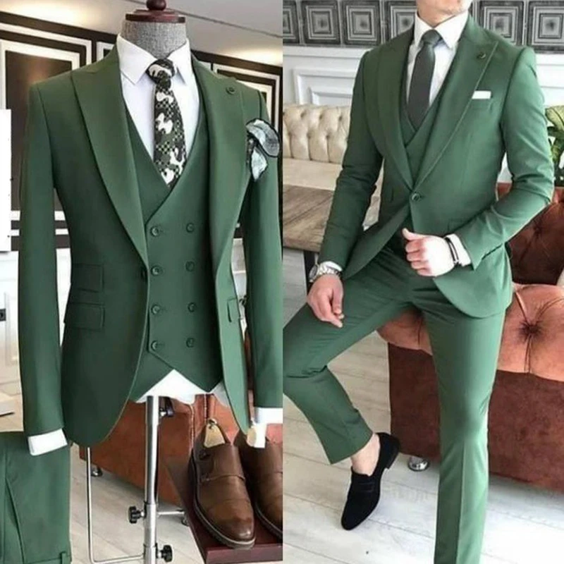 Groom Wear 3 Pieces Green Men Suits 2021 Slim Fit Peak Lapel One Button Tailor Made Terno Masculino (Jacket+Pants+Vest+Tie）