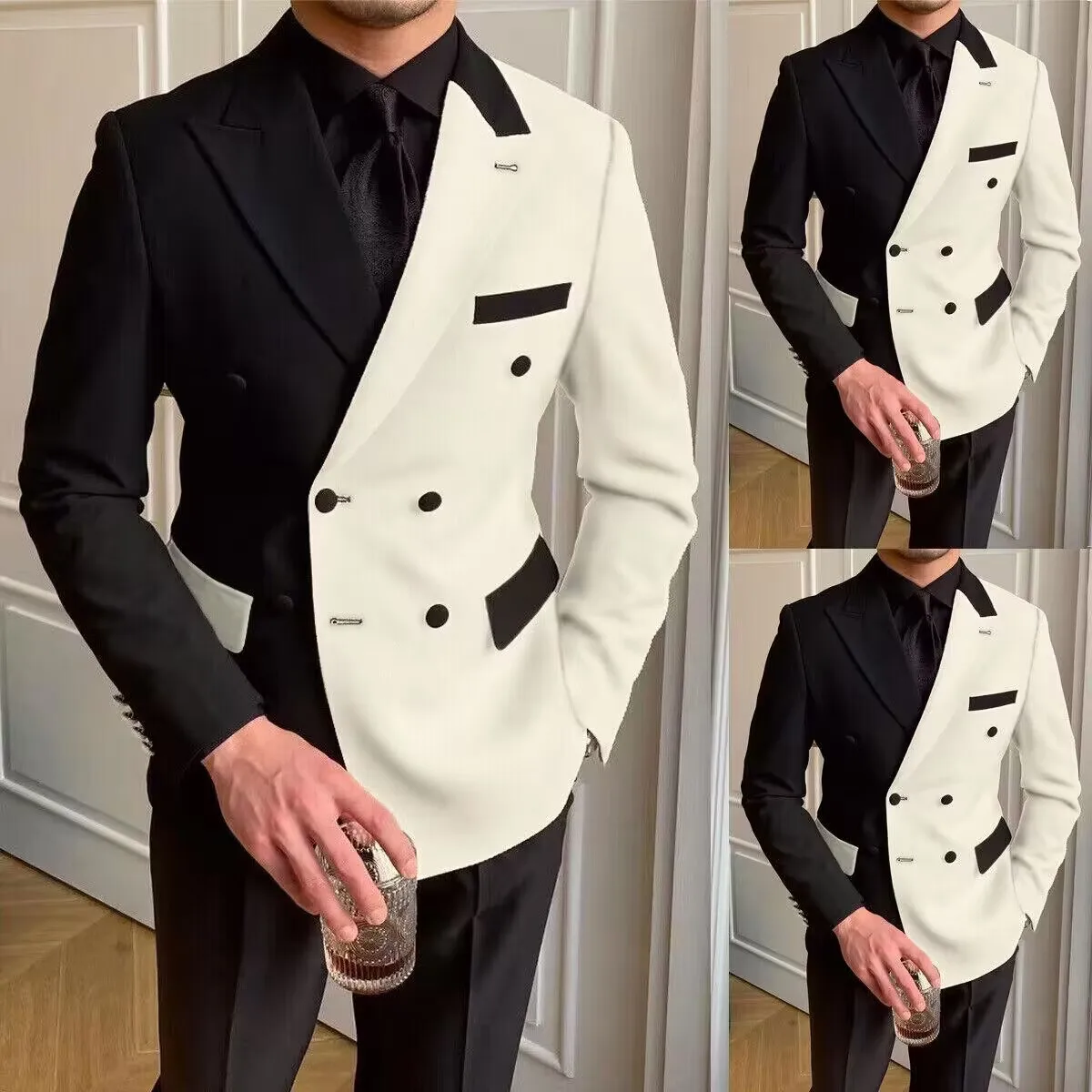 High Quality Suits for Men Black White Fashion Peak Lapel Double Breasted Male Suit Slim Fit Formal Casual 2PCS Wedding Tuxedos