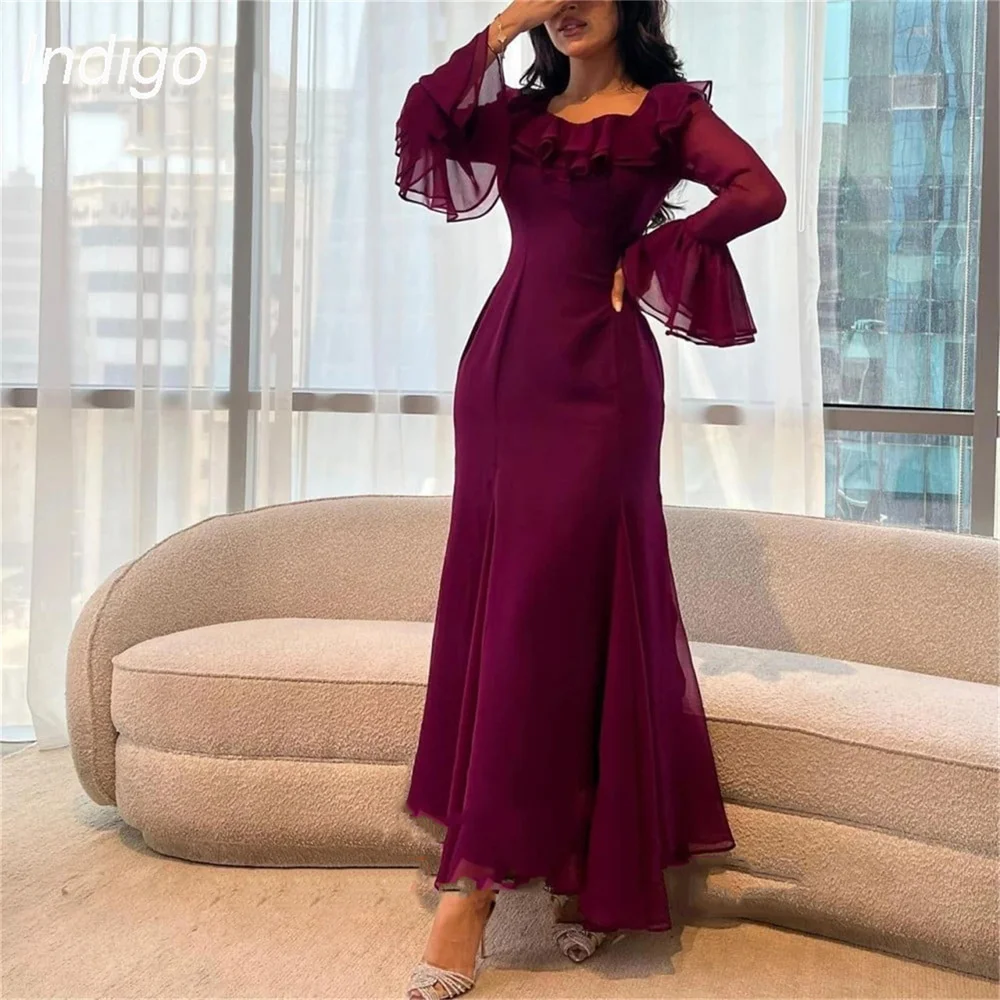 Indigo Prom Dress A-Line Scoop Collar Long Sleeve Chiffon Ankle-Length Pleat Simple Elegant Evening Gowns For WoMen's فساتين الس