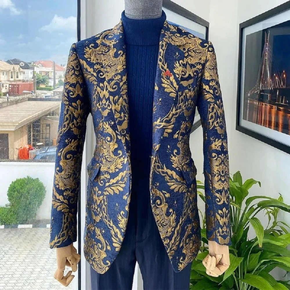 Jacquard Floral Tuxedo Suits for Men's Wedding Slim Fit Navy Blue and Gold Gentleman 2 Piece Male Costume ( Jacket+Pant)