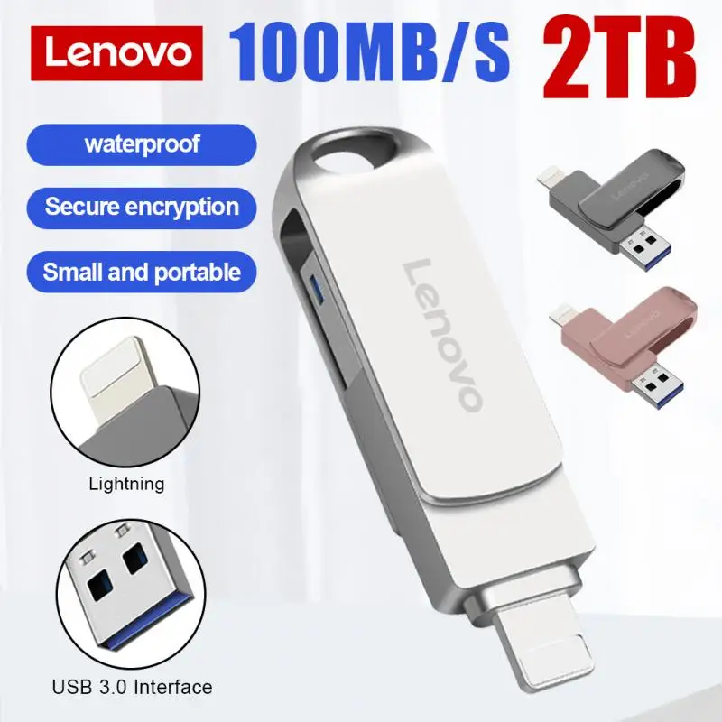 Lenovo High Metal Rotate 2TB 1TB Usb 3.0 Flash Drive Storage For IPhone With 2 In 1 USB-A To Lightning Interface for iPhone14 15