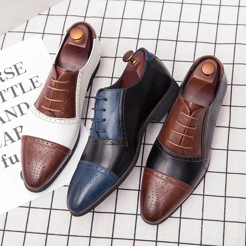 Luxury Brand Men Leather Shoes Lace Up Pointed Toe Mixed Colors Brogues Oxford Mens Dress Shoes Wedding Office Formal Shoes Men