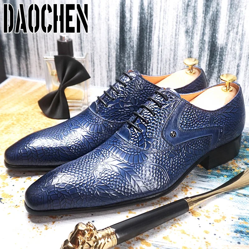 Luxury Brand Men Oxford Shoes Lace-up Pointed Toe Blue Casual Dress Man Shoe Flowers Print Genuine Leather Shoes For Men