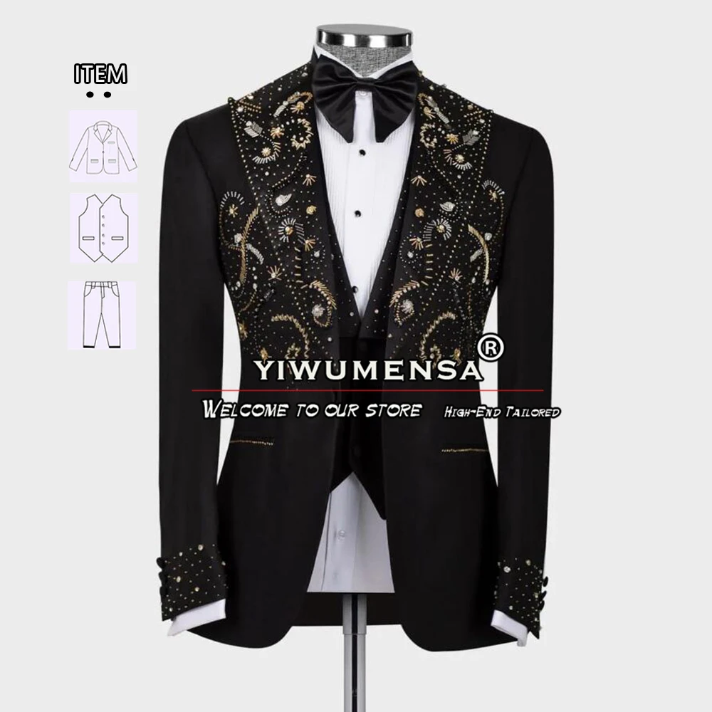 Luxury Men Suits Metal Embellished Blazer Formal Groom Wear Wedding Tuxedo Plus Size Male Fashion 3 Pieces Jacket Vest Pants Set