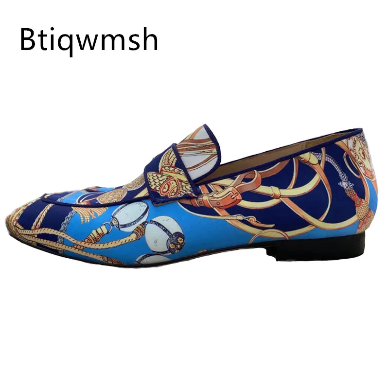 Luxury Satin Shoes Men Round Toe Mixed Color Blue Flat Shoes Man Fashion Loafer Shoes Male