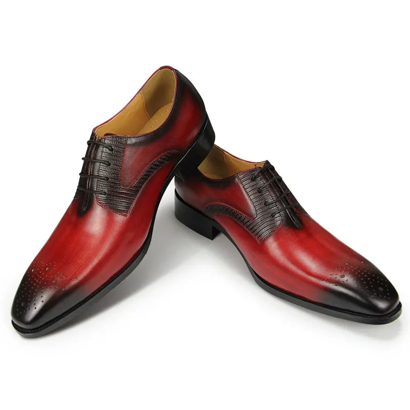 Male Wedding Shoes Luxury Business Leather Dress Shoes for Men Fashion Brogue Lace-Up Toe Black Red Office Formal Male Oxfords