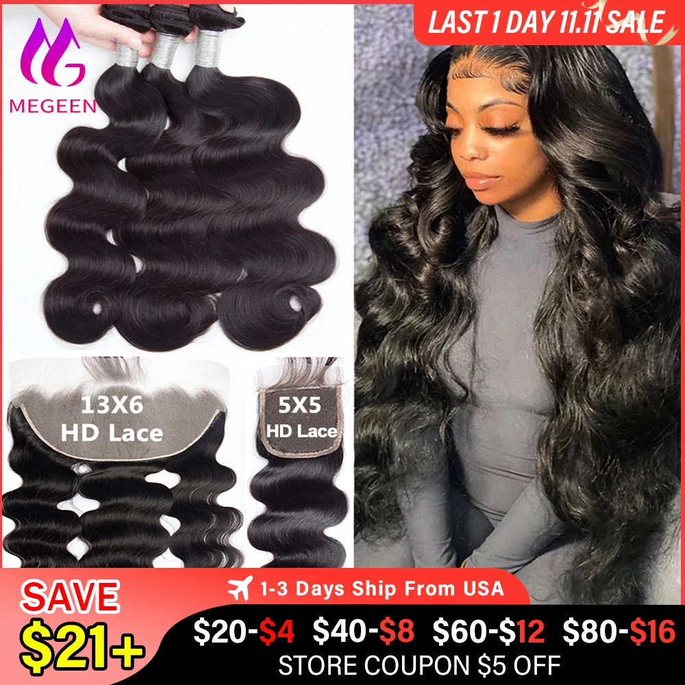 Megeen 30 Inch Body Wave Human Hair Bundles with Closure 13x6 hd Lace frontal with Bundles 5x5 Closure With Human Hair Bundles