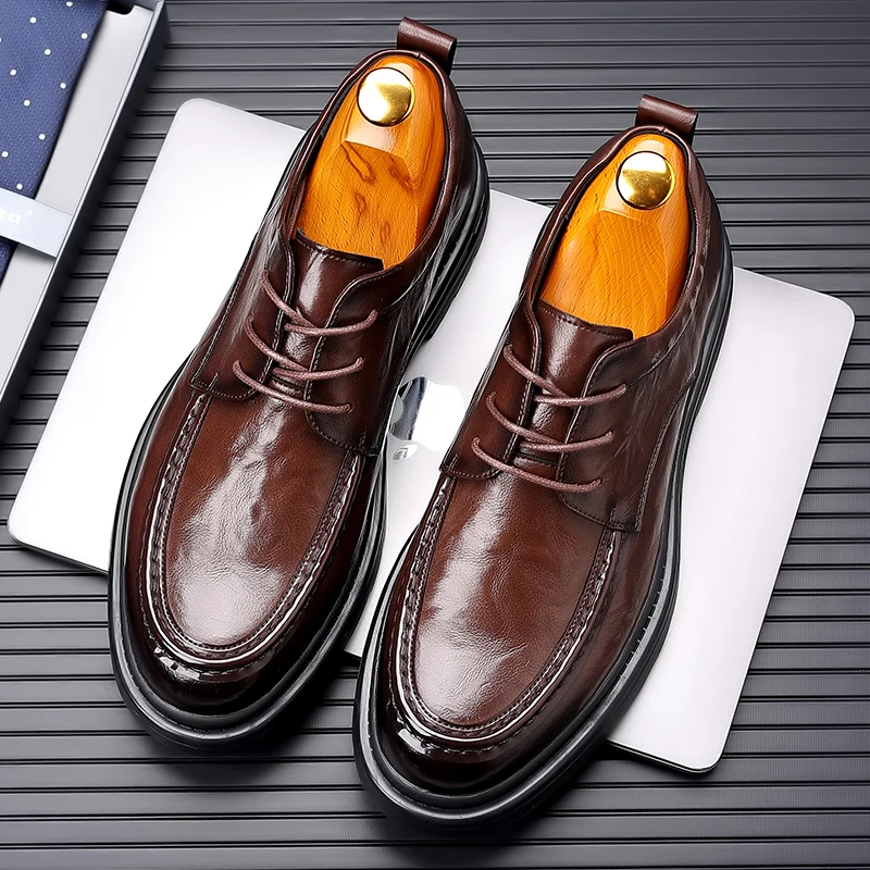 Men Casual Leather Shoes Fashion Classic Brogues Luxury Genuine Leather Handmade Thick Heels Black Male Wedding Formal Shoes