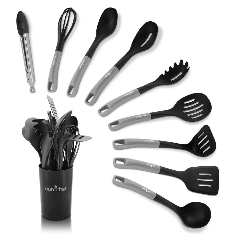 NutriChef 10 Pcs. Silicone Heat Resistant Non-Stick Kitchen Cooking Utensils Set - (Silver & Black) Home Gadgets Cuisine