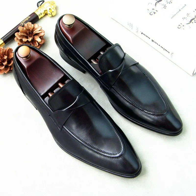 PJCMG New Cowhide Men's Pointed Toe Black Formal Party Genuine Leather Wedding Casual Flat Patent Oxford Men Shoes