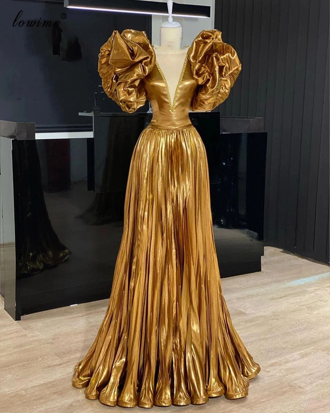 Robe Femme O-Neck Gold Arabic Prom Dresses Long Dubai Short Sleeves Special Design Evening Dresses For Woman Vestidos De Fiesta