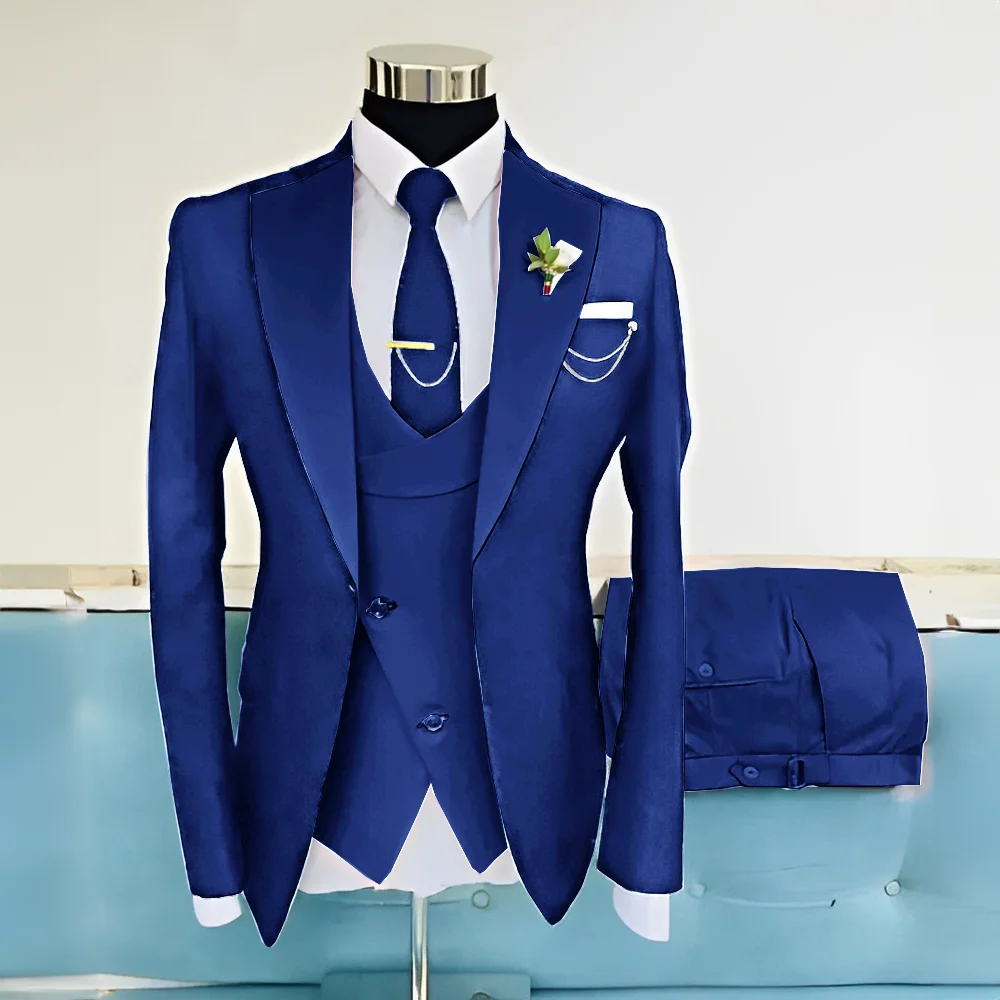 Royal Blue Suit for Mens Wedding Dress Groom Tuxedo 3-piece Set Jacket Pants Vest Formal Elegant Men Customized Suit