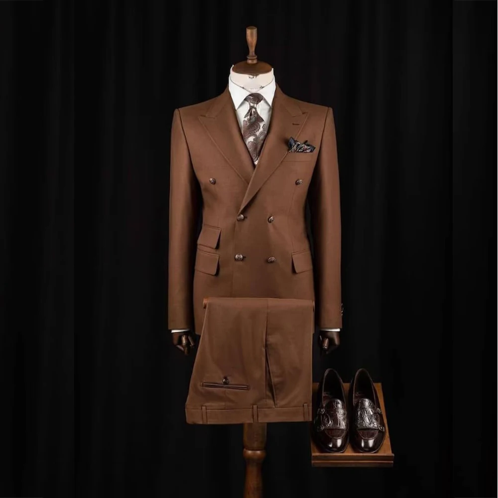 STEVDITG Brown Elegant Men's Suits Blazer Double Breasted Regular Length Luxury 2 Piece Jacket Pants Slim Fit Costume Blazer