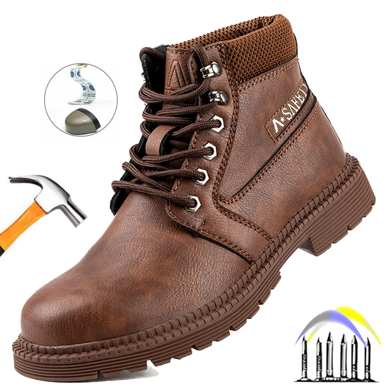 Safety Shoes Man Steel Toe Welder Shoes Brown Anti Scalding Anti Smash Construction Work Shoes Wear-resisting Industrial Shoes