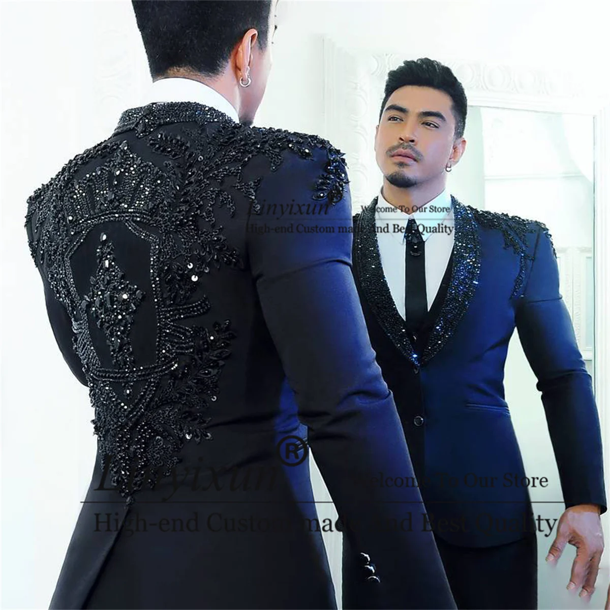 Shiny Beaded Embroidery Wedding Suits For Men's 3 PcsSets Groom Tuxedos Shawl Lapel Male Prom Blazer Terno Masculino Completo