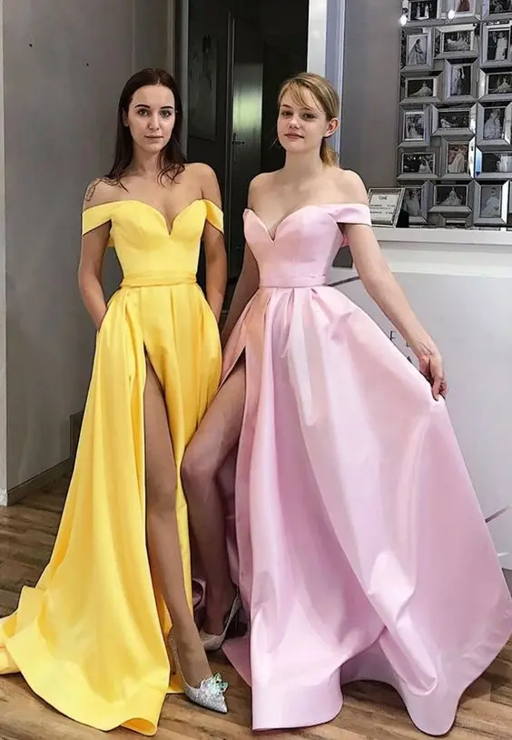 Simple Long Prom Dresses Satin Off Shoulder Sweetheart A Line High Slit Elegant Slim Party WoMen's Evening Gowns