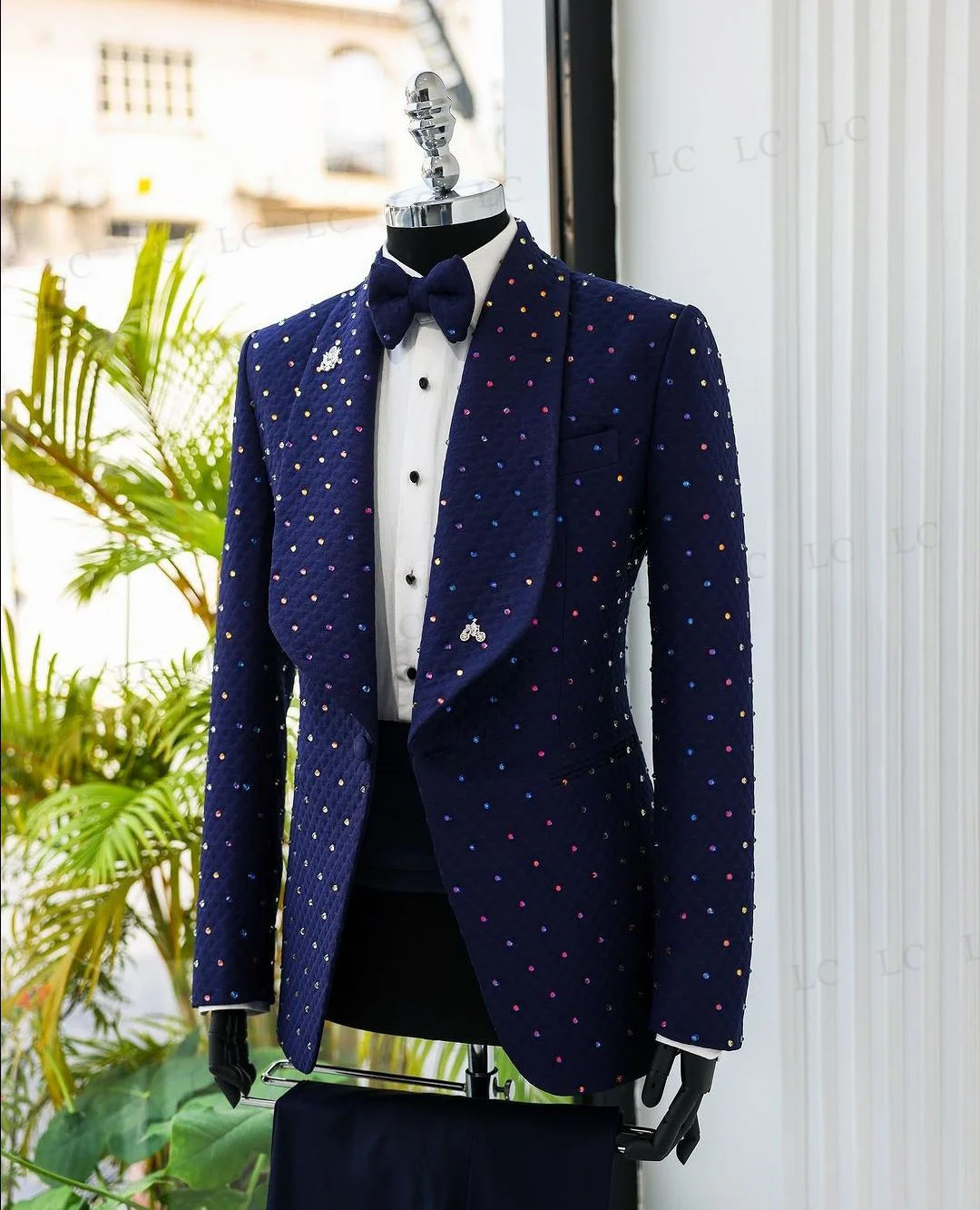 Sparkly Navy CrystalWedding Groom Diamonds Men's Suits 2 PcsBlazer Pants One Button Tuxedo Slim Work Wear Plus Size Tailored