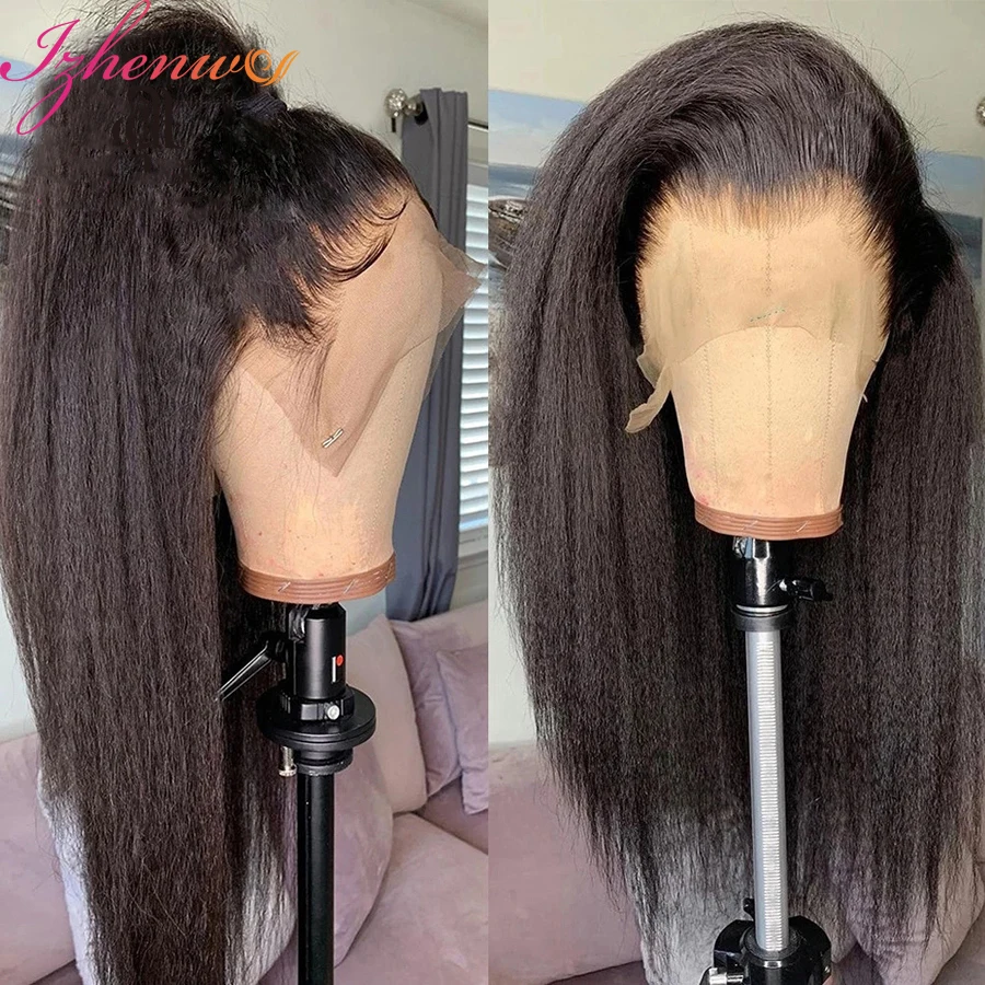 Transparent Kinky Straight Lace Front Wig Pre Plucked Yaki Brazilian 13x6 Lace Closure Human Hair Wig For Woman Natural Hairline